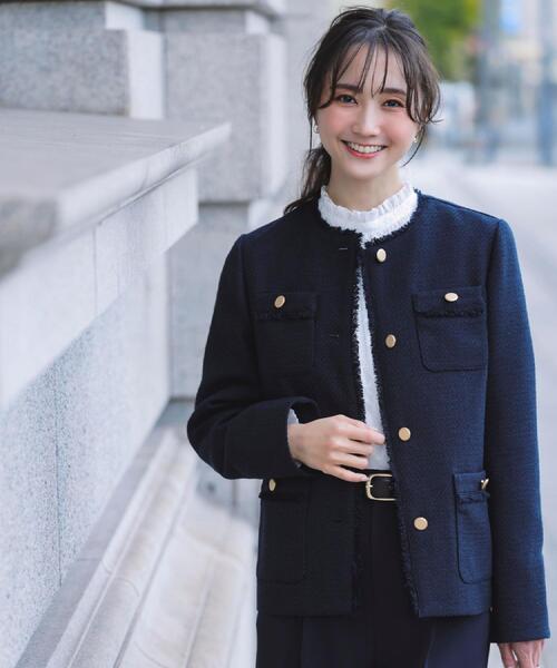 grove（グローブ）の「【ハレの日・通勤】きちんとからカジュアルまで着回せる、ミドル丈ツイードジャケット（ノーカラージャケット・レディース・ブラック系3/ブルー系8/ネイビー・02/01/03/04/05）」の5枚目の写真