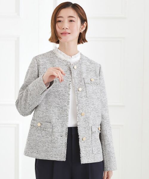 grove（グローブ）の「【ハレの日・通勤】きちんとからカジュアルまで着回せる、ミドル丈ツイードジャケット（ノーカラージャケット・レディース・ブラック系3/ブルー系8/ネイビー・02/01/03/04/05）」の12枚目の写真