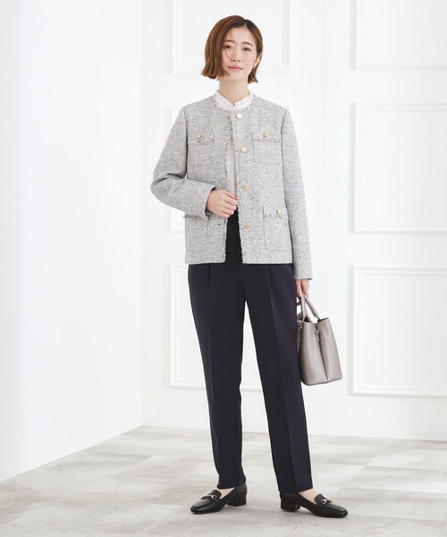 grove（グローブ）の「【ハレの日・通勤】きちんとからカジュアルまで着回せる、ミドル丈ツイードジャケット（ノーカラージャケット・レディース・ブラック系3/ブルー系8/ネイビー・02/01/03/04/05）」の13枚目の写真