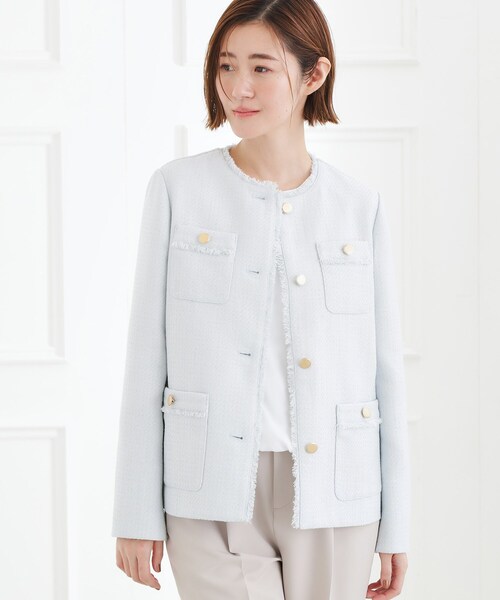 grove（グローブ）の「【ハレの日・通勤】きちんとからカジュアルまで着回せる、ミドル丈ツイードジャケット（ノーカラージャケット・レディース・ブラック系3/ブルー系8/ネイビー・02/01/03/04/05）」の16枚目の写真