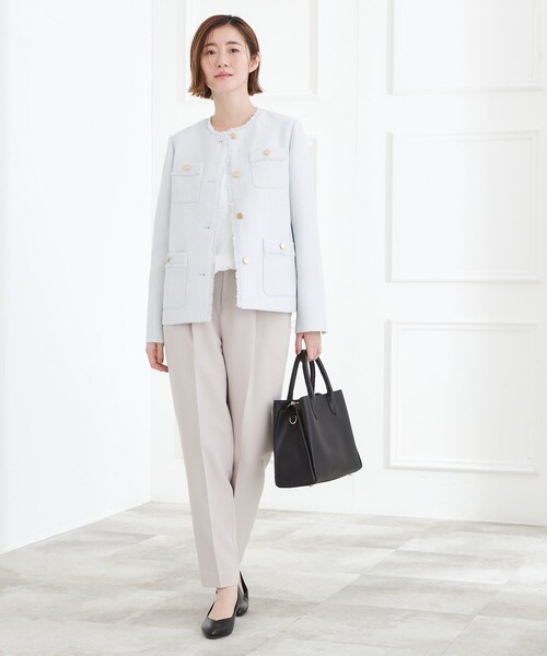 grove（グローブ）の「【ハレの日・通勤】きちんとからカジュアルまで着回せる、ミドル丈ツイードジャケット（ノーカラージャケット・レディース・ブラック系3/ブルー系8/ネイビー・02/01/03/04/05）」の17枚目の写真