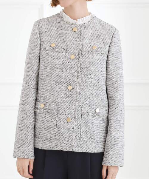 grove（グローブ）の「【ハレの日・通勤】きちんとからカジュアルまで着回せる、ミドル丈ツイードジャケット（ノーカラージャケット・レディース・ブラック系3/ブルー系8/ネイビー・02/01/03/04/05）」の20枚目の写真