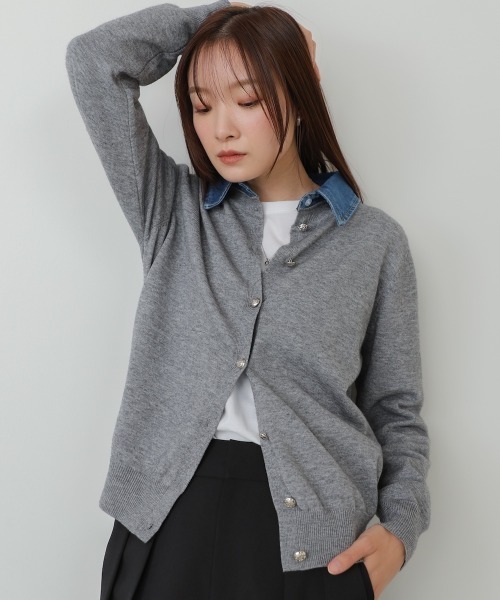セール】衿デニムドッキングニットカーディガン（カーディガン/ボレロ
