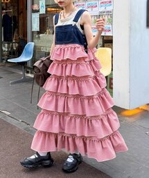 w closet（ダブルクローゼット）の「【6色展開/チェック/ドット柄】フリルティアードジャンパースカート/ワンピース（ジャンパースカート）」