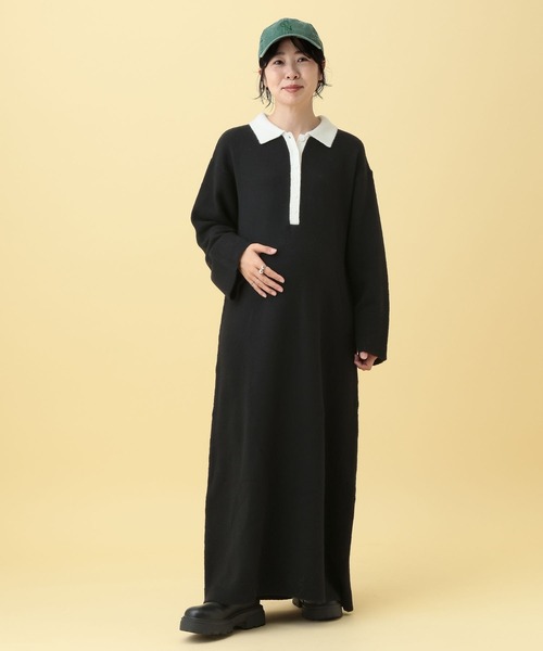 セール】【産前・産後対応】マタニティ／配色ポロニットワンピース