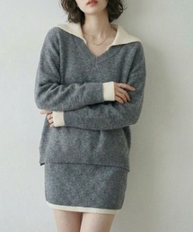 Lateru（ラテル）の「配色ニット＋ミニスカート　ニットセットアップ（ニット/セーター）」