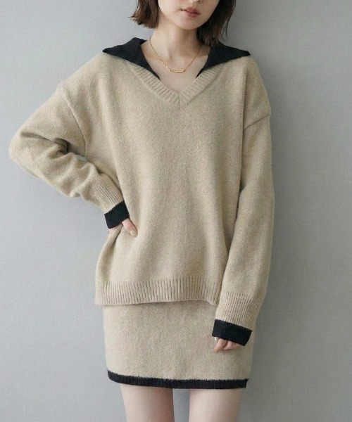 セール】配色ニット＋ミニスカート ニットセットアップ（ニット