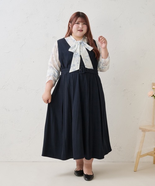 Louiosy(ルオシー)の「【Louiosy】【大きいサイズ】ベルト付きジャンスカ(ワンピース・レディース・ネイビー/ブラック/アイボリー・X-LARGE/3L/4L)」の3枚目の写真
