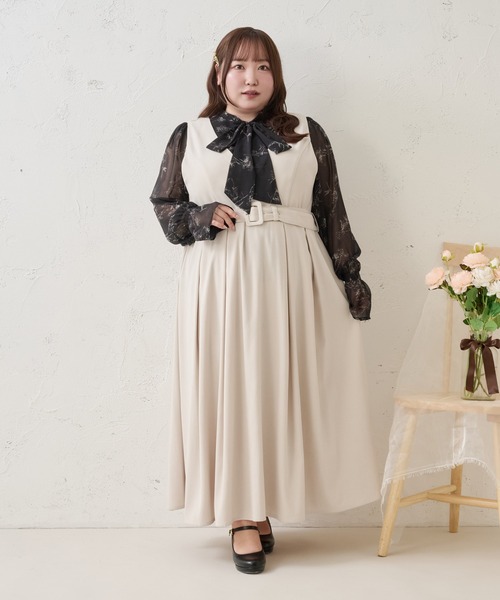 Louiosy(ルオシー)の「【Louiosy】【大きいサイズ】ベルト付きジャンスカ(ワンピース・レディース・ネイビー/ブラック/アイボリー・X-LARGE/3L/4L)」の2枚目の写真