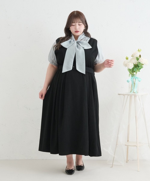 Louiosy(ルオシー)の「【Louiosy】【大きいサイズ】ベルト付きジャンスカ(ワンピース・レディース・ネイビー/ブラック/アイボリー・X-LARGE/3L/4L)」の1枚目の写真