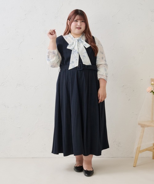 Louiosy(ルオシー)の「【Louiosy】【大きいサイズ】ベルト付きジャンスカ(ワンピース・レディース・ネイビー/ブラック/アイボリー・X-LARGE/3L/4L)」の4枚目の写真