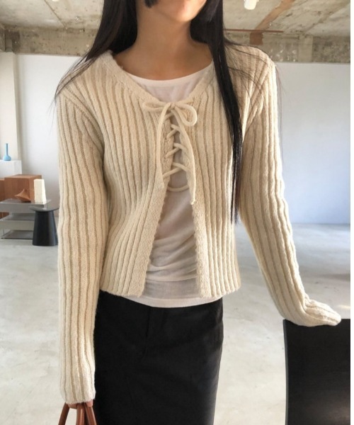 FREE STYLISTS(フリー スタイリスト)の「YUGA_YGMC Korean-style ribbon ribbed cardigan(Tシャツ/カットソー・レディース・オフホワイト/ダークグレー/ライトピンク/オリーブ・FREE)」の1枚目の写真