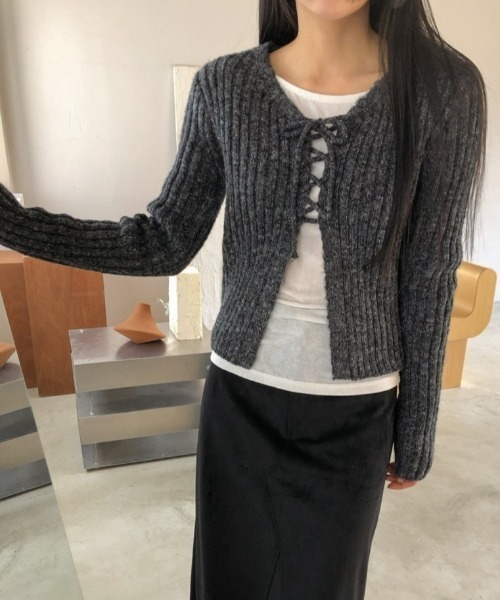 FREE STYLISTS(フリー スタイリスト)の「YUGA_YGMC Korean-style ribbon ribbed cardigan(Tシャツ/カットソー・レディース・オフホワイト/ダークグレー/ライトピンク/オリーブ・FREE)」の2枚目の写真