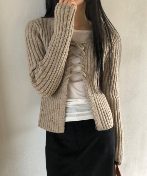 FREE STYLISTS(フリー スタイリスト)の「YUGA_YGMC Korean-style ribbon ribbed cardigan(Tシャツ/カットソー・レディース・オフホワイト/ダークグレー/ライトピンク/オリーブ・FREE)」の14枚目の写真