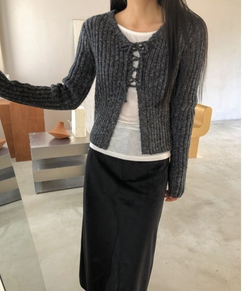 FREE STYLISTS(フリー スタイリスト)の「YUGA_YGMC Korean-style ribbon ribbed cardigan(Tシャツ/カットソー・レディース・オフホワイト/ダークグレー/ライトピンク/オリーブ・FREE)」の8枚目の写真