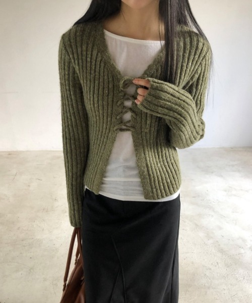 FREE STYLISTS(フリー スタイリスト)の「YUGA_YGMC Korean-style ribbon ribbed cardigan(Tシャツ/カットソー・レディース・オフホワイト/ダークグレー/ライトピンク/オリーブ・FREE)」の9枚目の写真