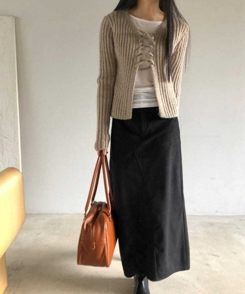 FREE STYLISTS(フリー スタイリスト)の「YUGA_YGMC Korean-style ribbon ribbed cardigan(Tシャツ/カットソー・レディース・オフホワイト/ダークグレー/ライトピンク/オリーブ・FREE)」の12枚目の写真