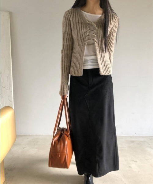 FREE STYLISTS(フリー スタイリスト)の「YUGA_YGMC Korean-style ribbon ribbed cardigan(Tシャツ/カットソー・レディース・オフホワイト/ダークグレー/ライトピンク/オリーブ・FREE)」の13枚目の写真