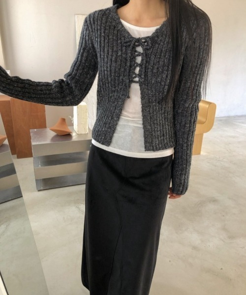FREE STYLISTS(フリー スタイリスト)の「YUGA_YGMC Korean-style ribbon ribbed cardigan(Tシャツ/カットソー・レディース・オフホワイト/ダークグレー/ライトピンク/オリーブ・FREE)」の7枚目の写真