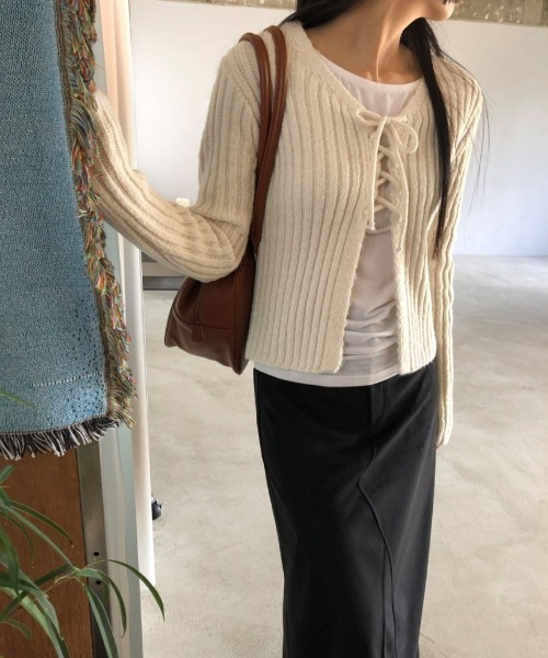 FREE STYLISTS(フリー スタイリスト)の「YUGA_YGMC Korean-style ribbon ribbed cardigan(Tシャツ/カットソー・レディース・オフホワイト/ダークグレー/ライトピンク/オリーブ・FREE)」の11枚目の写真