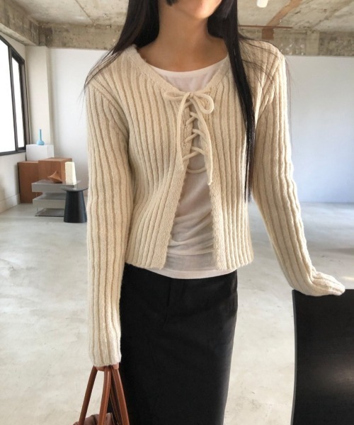 FREE STYLISTS(フリー スタイリスト)の「YUGA_YGMC Korean-style ribbon ribbed cardigan(Tシャツ/カットソー・レディース・オフホワイト/ダークグレー/ライトピンク/オリーブ・FREE)」の6枚目の写真