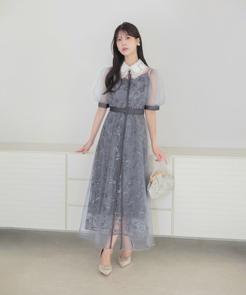 Leja フラワーレースカラーチュールレイヤードキャミワンピースAラインドレス セール】【LEJA】フラワーレースカラーチュールレイヤードキャミ