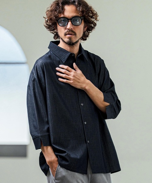 Magine（マージン）の「ms6419- Drapey Chambray Relax Fit Seven Sleeve Shirt シャンブレーシャツ(MGN-261-022)（シャツ/ブラウス・メンズ・ネイビー/オフホワイト/ブルー・48/46/44）」の6枚目の写真