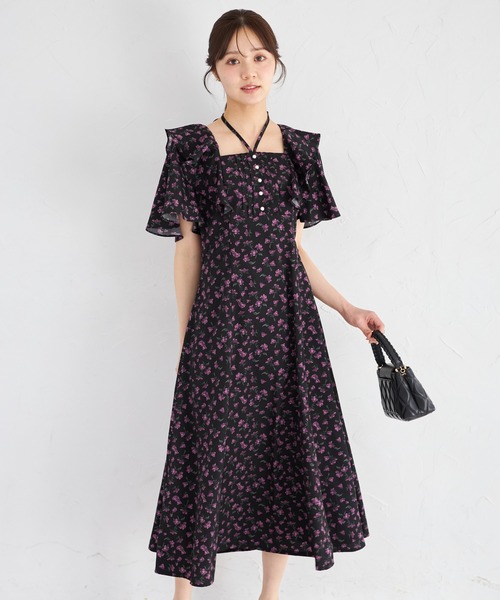 ZOZO限定】ネックリボン付きラッフルフリル小花柄ワンピース