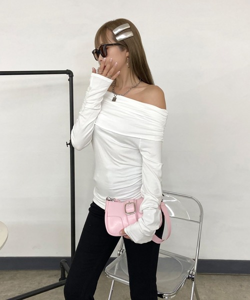 non-hedge（ノンヘッジ）の「オフショルダーサイドドロストロンT（Tシャツ/カットソー・レディース・ピンク/ブラック/グレー/オフホワイト・FREE）」の6枚目の写真