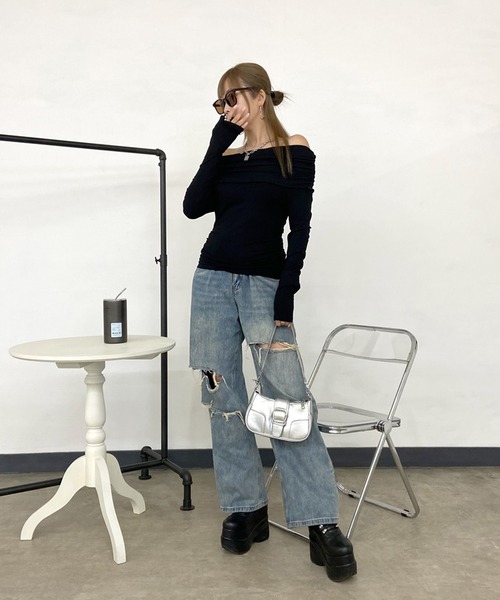 non-hedge(ノンヘッジ)の「オフショルダーサイドドロストロンT(Tシャツ/カットソー・レディース・ピンク/ブラック/グレー/オフホワイト・FREE)」の10枚目の写真