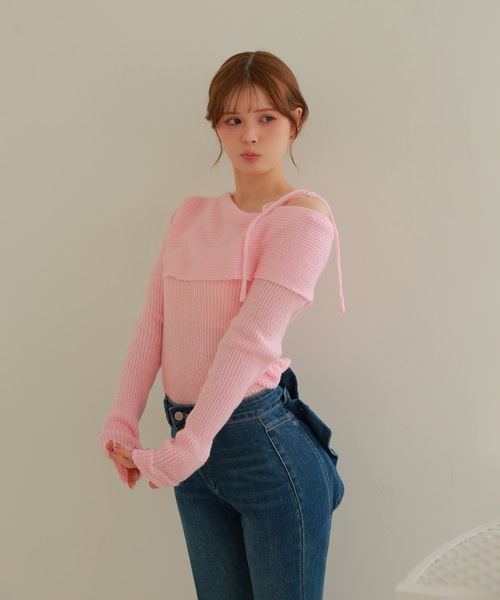 M DOLLY(エムドリー)の「ribbon oneshoulder ruelle knit tops/リボンワンショルダールエルニットトップス(ニット/セーター・レディース・ピンク/アイボリー・FREE)」の10枚目の写真