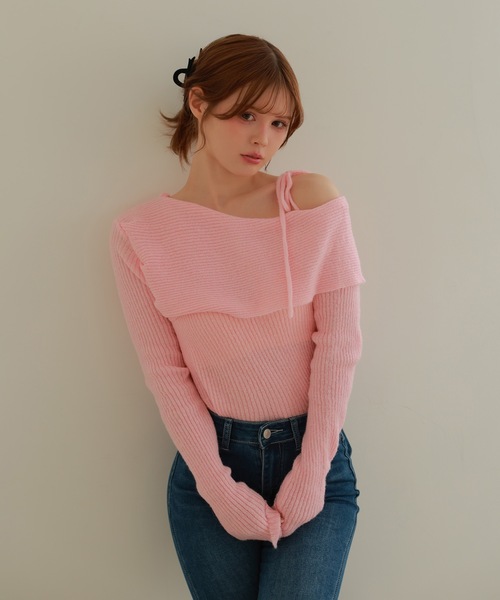 M DOLLY(エムドリー)の「ribbon oneshoulder ruelle knit tops/リボンワンショルダールエルニットトップス(ニット/セーター・レディース・ピンク/アイボリー・FREE)」の12枚目の写真