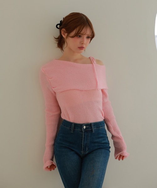 M DOLLY(エムドリー)の「ribbon oneshoulder ruelle knit tops/リボンワンショルダールエルニットトップス(ニット/セーター・レディース・ピンク/アイボリー・FREE)」の13枚目の写真