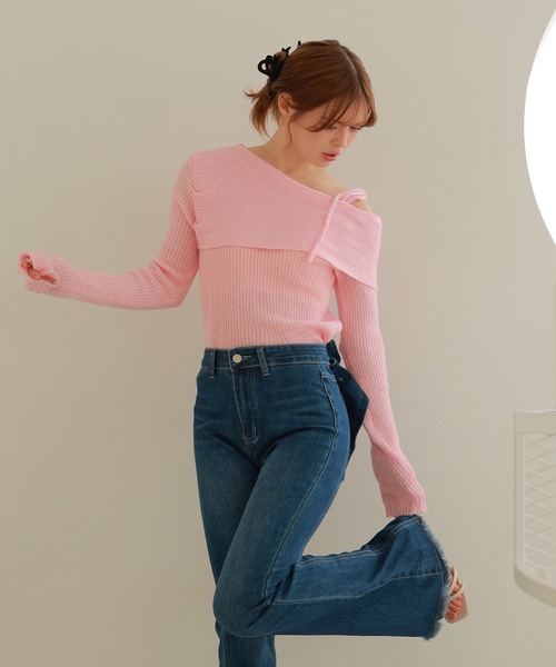 M DOLLY(エムドリー)の「ribbon oneshoulder ruelle knit tops/リボンワンショルダールエルニットトップス(ニット/セーター・レディース・ピンク/アイボリー・FREE)」の14枚目の写真