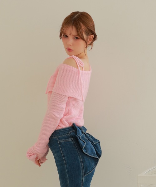 M DOLLY(エムドリー)の「ribbon oneshoulder ruelle knit tops/リボンワンショルダールエルニットトップス(ニット/セーター・レディース・ピンク/アイボリー・FREE)」の15枚目の写真