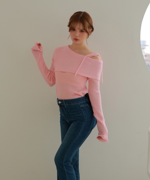 M DOLLY(エムドリー)の「ribbon oneshoulder ruelle knit tops/リボンワンショルダールエルニットトップス(ニット/セーター・レディース・ピンク/アイボリー・FREE)」の16枚目の写真