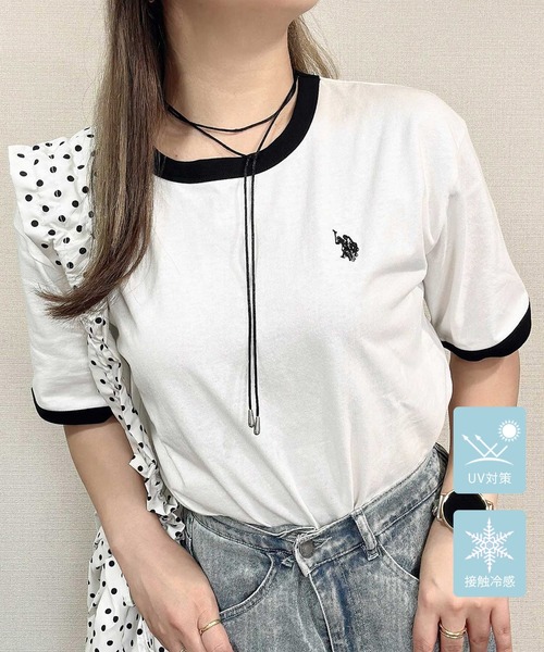 U.S. POLO ASSN.（ユーエスポロアッスン）の「GeeRA別注【U.S. POLO ASSN.】接触冷感配色リンガーオーバーサイズＴシャツ（Tシャツ/カットソー・レディース・オフホワイト/チャコール/ネイビー・MEDIUM/LARGE/X-LARGE）」の2枚目の写真