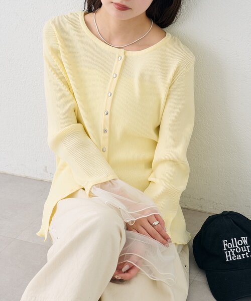 mystic（ミスティック）の「袖チュール付きリブカーディガン（カーディガン/ボレロ・レディース・アイボリー/ブルー/イエロー/ブラック・FREE）」の4枚目の写真