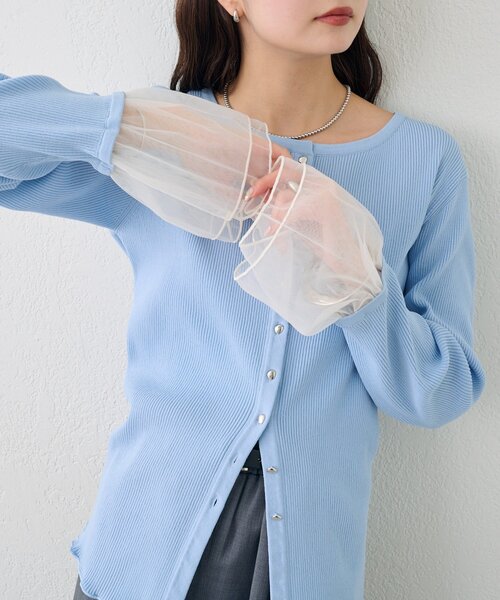 mystic（ミスティック）の「袖チュール付きリブカーディガン（カーディガン/ボレロ・レディース・アイボリー/ブルー/イエロー/ブラック・FREE）」の3枚目の写真