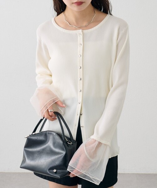 mystic（ミスティック）の「袖チュール付きリブカーディガン（カーディガン/ボレロ・レディース・アイボリー/ブルー/イエロー/ブラック・FREE）」の6枚目の写真