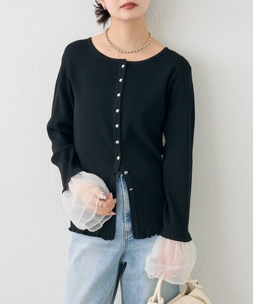 mystic（ミスティック）の「袖チュール付きリブカーディガン（カーディガン/ボレロ・レディース・アイボリー/ブルー/イエロー/ブラック・FREE）」の9枚目の写真