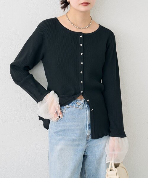 mystic（ミスティック）の「袖チュール付きリブカーディガン（カーディガン/ボレロ・レディース・アイボリー/ブルー/イエロー/ブラック・FREE）」の10枚目の写真