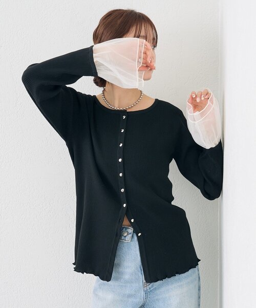 mystic（ミスティック）の「袖チュール付きリブカーディガン（カーディガン/ボレロ・レディース・アイボリー/ブルー/イエロー/ブラック・FREE）」の12枚目の写真