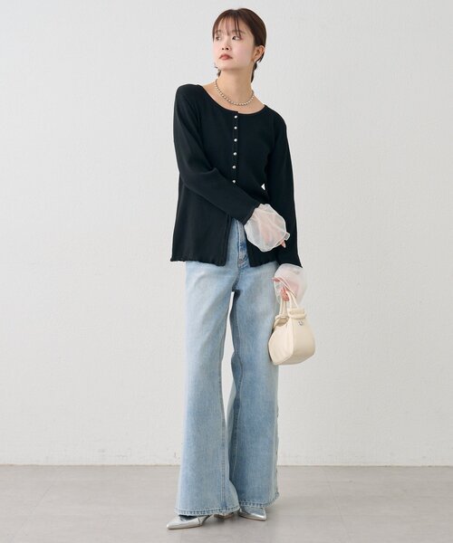 mystic（ミスティック）の「袖チュール付きリブカーディガン（カーディガン/ボレロ・レディース・アイボリー/ブルー/イエロー/ブラック・FREE）」の14枚目の写真