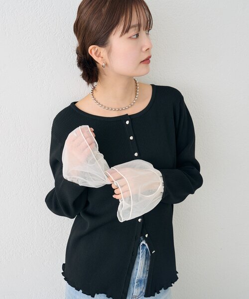 mystic（ミスティック）の「袖チュール付きリブカーディガン（カーディガン/ボレロ・レディース・アイボリー/ブルー/イエロー/ブラック・FREE）」の16枚目の写真