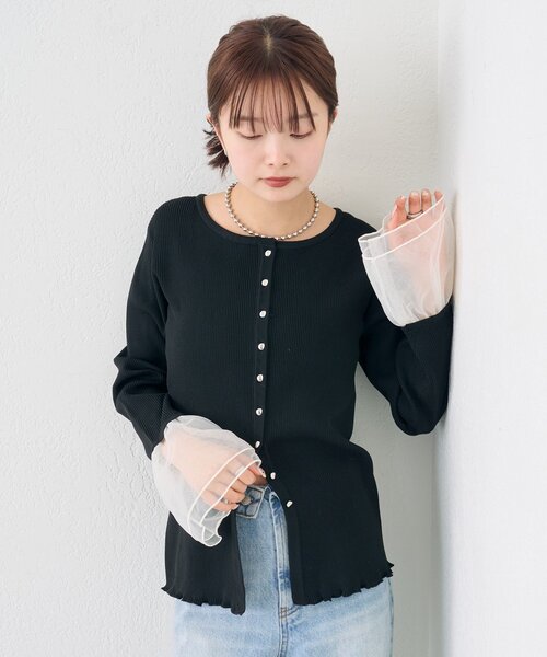 mystic（ミスティック）の「袖チュール付きリブカーディガン（カーディガン/ボレロ・レディース・アイボリー/ブルー/イエロー/ブラック・FREE）」の17枚目の写真