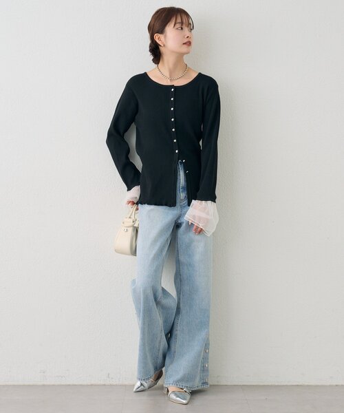 mystic（ミスティック）の「袖チュール付きリブカーディガン（カーディガン/ボレロ・レディース・アイボリー/ブルー/イエロー/ブラック・FREE）」の18枚目の写真