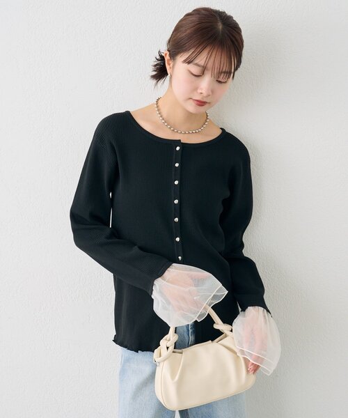 mystic（ミスティック）の「袖チュール付きリブカーディガン（カーディガン/ボレロ・レディース・アイボリー/ブルー/イエロー/ブラック・FREE）」の20枚目の写真