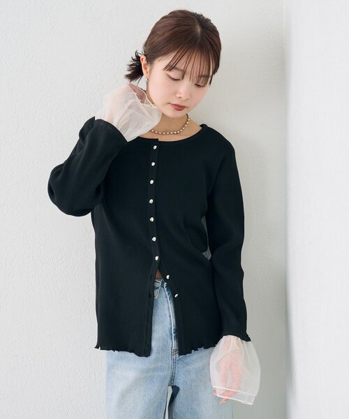 mystic（ミスティック）の「袖チュール付きリブカーディガン（カーディガン/ボレロ・レディース・アイボリー/ブルー/イエロー/ブラック・FREE）」の21枚目の写真