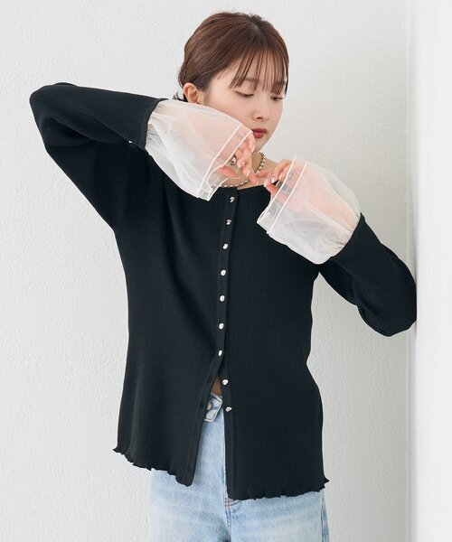 mystic（ミスティック）の「袖チュール付きリブカーディガン（カーディガン/ボレロ・レディース・アイボリー/ブルー/イエロー/ブラック・FREE）」の22枚目の写真